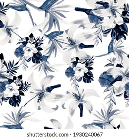 Indigo Pattern Leaves. Navy Tropical Vintage. White Floral Illustration. Cobalt Flora Texture. Azure Decoration Nature. Blue Wallpaper Background. Gray Spring Textile.