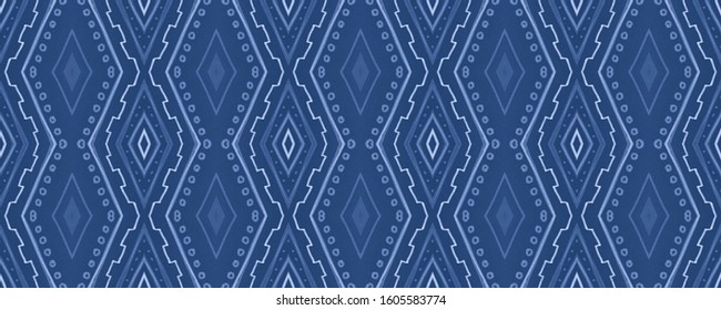 Indigo Tribal Ornament. Seamless Mexican Tile Design. Blue Watercolor Aztec Motif. Hand Drawn Ikat Wallpaper. Tribal Background. Abstract Aztec Border. Blue Indigo Ethnic Ornament.