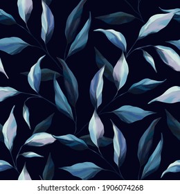 Indigo Watercolor Seamless Pattern With Tree, Branches, Palm Leaves, Forest Plants And Leaf On Navy Blue Background. Exotic Tropical Wallpaper. Hand Drawn Artistic Design For Wrappers, Fabric, Cards.