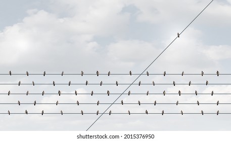 Individual Leadership Concept And Disruptive Innovation Or Independent Thinking As A Group Of Birds On A Wire With One In A Different Direction As A Business Symbol In A 3D Illustration Style.