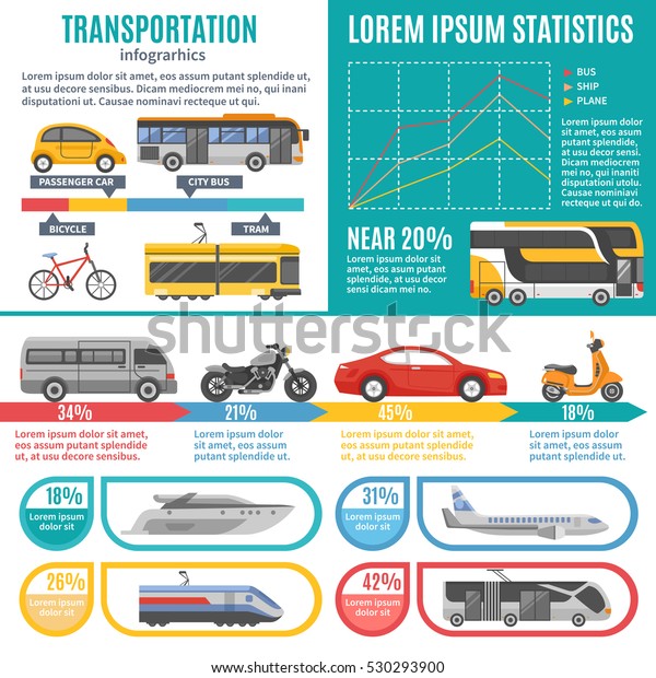 Individual and public transport infographics\
with bus tram train cars motorbike bicycle  graphs and statistics \
illustration