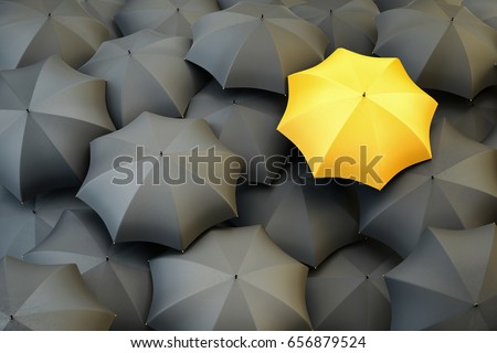 Individuality and difference concept, top view of unique yellow umbrella standing out from the gray crowd, 3d illustration