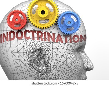 Indoctrination and human mind - pictured as word Indoctrination inside a head to symbolize relation between Indoctrination and the human psyche, 3d illustration