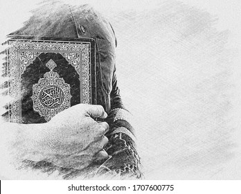 Indonesia. 19 April 2020. Photo of man holding a quran ready for Ramadan.  Arabic on the cover is translated as the Qur'an