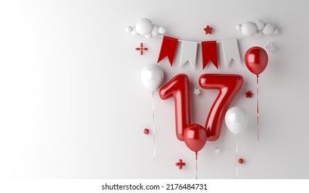 Indonesia independence day decoration background with 17 balloon number, confetti, copy space text, 3D rendering illustration - Powered by Shutterstock