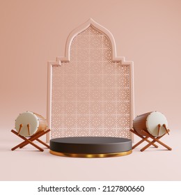 Indonesian bedug and product podium 3d rendering background. Concept of islamic celebration ramadan kareem, marhaban and eid al fitr adha with blank space.