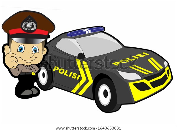 an\
Indonesian police car patrol and and a cartoon police character who\
shows a smiley expression and is ready to\
serve