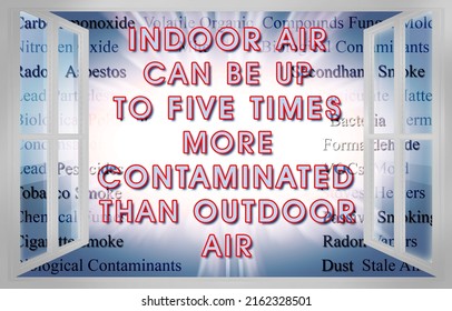 Indoor Air More Contaminated Than Outdoor - Indoor Air Quality Concept With The Most Common Dangerous Domestic Pollutants In Our Homes Seen From A Window. 