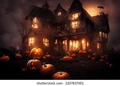 Indoor Outdoor Halloween Decoration, Spooky Old House With Pumpkins