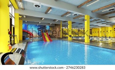 An indoor swimming pool complex featuring a large pool with blue water, red and yellow slides, swimming lanes, and bright yellow pillars. 3D rendering