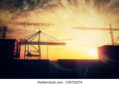 Industral Area and Cranes in the Sunset Sunrise 3D artwork illustration