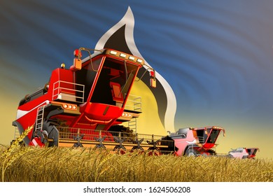 Industrial 3D Illustration Of Agricultural Combine Harvester Working On Rural Field With Saint Lucia Flag Background, Food Production Concept