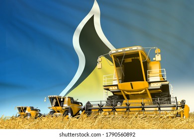 Industrial 3D Illustration Of Yellow Grain Agricultural Combine Harvester On Field With Saint Lucia Flag Background, Food Industry Concept