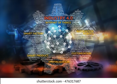 Industrial 4.0 Cyber Physical Systems Concept , Gears , Internet Of Things Network , Smart Factory Solution , Manufacturing Technology , Automation Robot Text And Icons With Abstract Gear Background