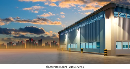 Industrial Architecture. Industrial Building In Front Of City Skylines. Warehouse Building With Spacious Concrete Platform. Visualization Industrial Architecture. Factories With Blue Sky. 3d Image.