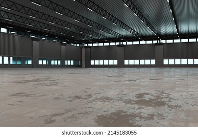 Industrial Building. New Industrial Building. Empty Industrial Space With Lots Of Windows. Hangar Building Without Anyone. Architectural Background With Interior Construction. 3d Image.