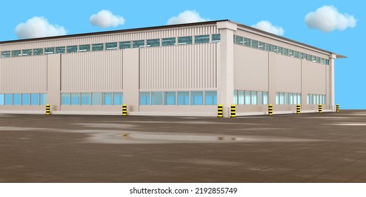 Industrial Building. Panorama Exterior Factory Building. Hangar With Square Windows. Puddles On Ground Next To Factory. Industrial Architecture. Concept Of Renting Industrial Buildings. 3d Image.