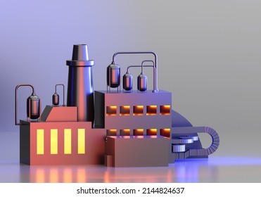 Industrial Building. Volumetric Plant Or Factory. Factory Mockup With Window Light. Concept Of Industrialization And Production Of Goods. Cartoon Factory With Chimney And Tanks On Roof. 3d Rendering.