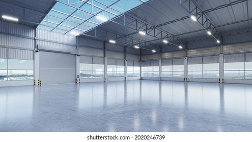 Industrial Building Warehouse Interior With Polished Concrete Floor And Style Transparent Glass Roof Top. 3d Rendering