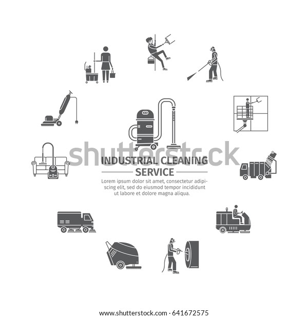 Industrial Cleaning Service. Worker.\
Vacuum Scrubber. Sweeper Machines. Pictograms\
set.