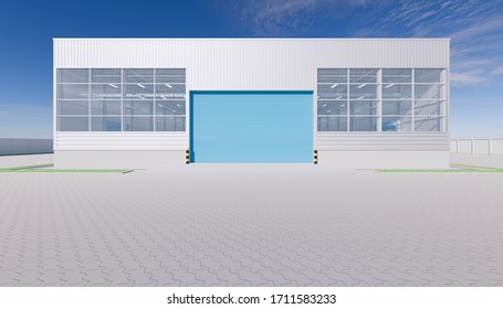 Industrial or commercial building exterior. Use as factory, warehouse, hangar, store and workplace. Safety and protection with security door, roller door, roller shutter or overhead door. 3d render.