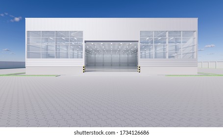 Industrial Or Commercial Building Interior Exterior. Use As Factory, Warehouse, Hangar, Store And Workplace. Include Open Roller Door, Empty Space And Concrete Floor Or Epoxy Floor Inside. 3d Render.