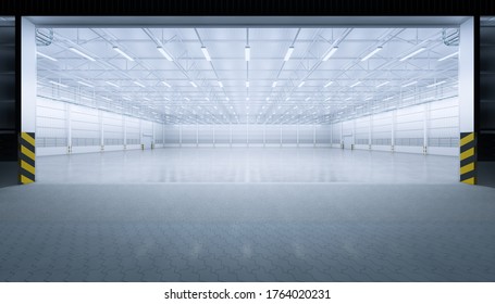 Industrial Or Commercial Building Interior Exterior. Use As Factory, Warehouse, Hangar, Store And Workplace. Include Open Door, Empty Space And Concrete Floor Or Epoxy Floor Inside. 3d Render At Night