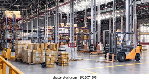 Industrial Distribution, Shopping Center Warehouse. Storage With High Shelves, Pallet Trucks, Goods Boxes On Rack, Forklifts, Loaders. Rows Of Shelves With Cargo Boxes In Retail Merchandise Shop, 3D