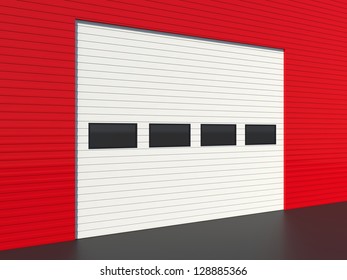 Industrial Door Or Garage Door With Four Windows On Red Wall Panels