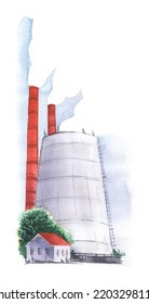 Industrial Eco-friendly Factory Cooling Tower Chimneys. Сlean Steam Small House Red Roof. Tree. Hand Painted Watercolor Illustration. Colorful Light Sketchy Drawing On White Background