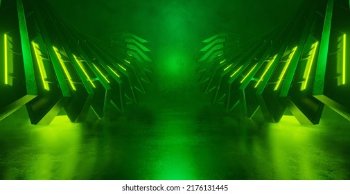 Industrial Empty Empty Smoke Lime Green Underground Hall Corridor Tunnel Led Lights Laser Illustration Banner Background Wallpaper 3D Render