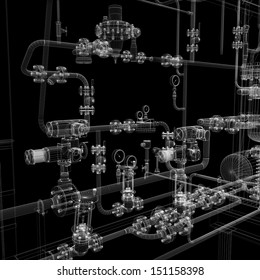 Industrial equipment. Wire-frame render isolated on a black background