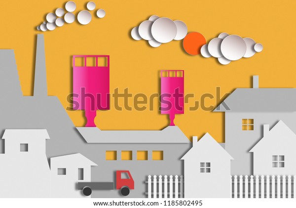 Industrial factory in flat style, illustration.
Buildings, fence and
truck.