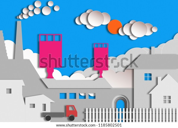 Industrial factory in flat style, illustration.\
Buildings, fence and\
truck.