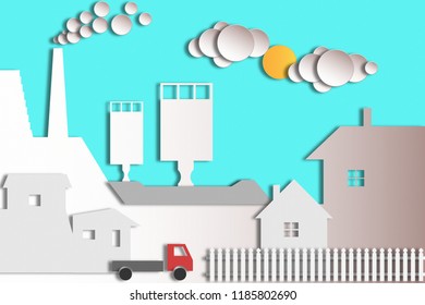 Industrial factory in flat style,illustration. Buildings, fence and truck.