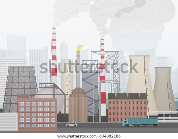 Industrial\
factory landscape. Plant or factory the city background in fog. Bad\
Ecology environmental pollution\
concept.