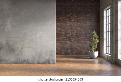 Industrial Grunge Interior With Old Brick Walls. Loft Style, Interior Mockup, 3d Render 