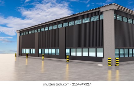 Industrial Hangar. Concrete Pad Next To Industrial Hangar. Hangar With Industrial Plant Exterior. Factory Building On Blue Sky Background. Visualization Plant Building. 3d Rendering.