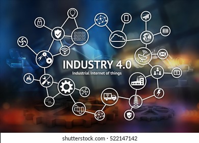 Industrial Internet Of Things Concept , Icon Of Industry 4.0 ,technology Network,smart Factory Solution,Manufacturing Technology,automation Robot With Abstract Background