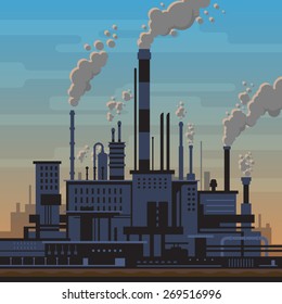 Industrial landscape of manufacturing factory buildings with smoke pipes in sunset. Environmental pollution, smog and fog in sky, ecology concept. Flat style.
