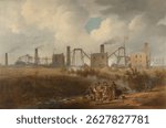 Industrial landscape with smokestacks, workers, and machinery. Men gather by a stream. Overcast sky with clouds. 19th-century scene. Vintage nature artwork, old nature illustration.