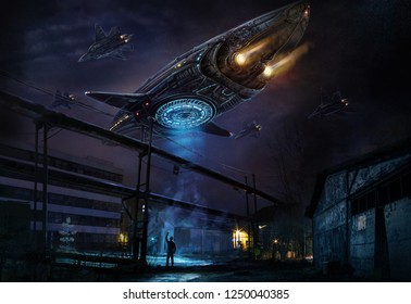 Industrial landscape with strange flying object resembling a spaceship, accompanied by a column of planes and a man filming everything on a mobile phone camera. Digital concept art.