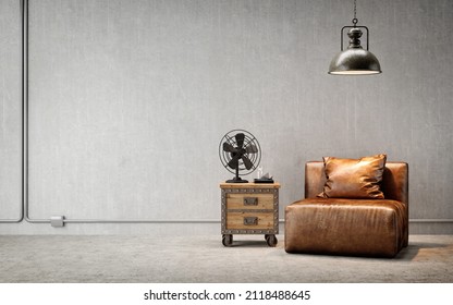 Industrial Loft Living Room Interior With Leather Sofa,lamp,wood Tables And Concrete Wall.3d Rendering