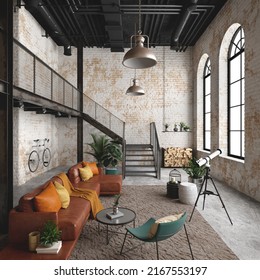 Industrial Loft Living Room Interior With Sofa,lamp And Brick Wall.3d Rendering