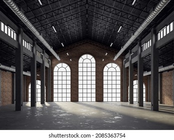 Industrial Loft Style Empty Old Warehouse Interior 3d Render,brick Wall,concrete Floor And Black Steel Roof Structure