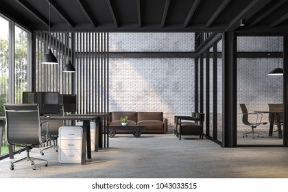 Industrial loft style office 3d render.There are white brick wall,polished concrete floor and black steel structure.Furnished with dark brown and black  leather furniture.