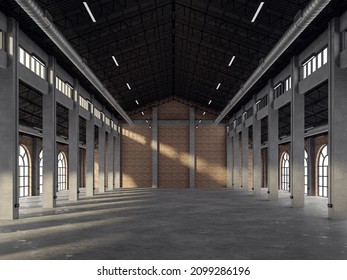 Industrial Loft Style Old Warehouse Interior 3d Render,brick Wall,concrete Floor And Black Steel Roof Structure