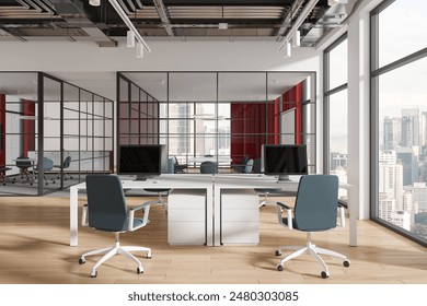 Industrial office interior with coworking space, pc computers on desks in row. Glass conference room with minimalist furniture. Panoramic window on Kuala Lumpur skyscrapers. 3D rendering - Powered by Shutterstock