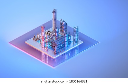 Industrial Petroleum Plant Isometric 3D Design Concept Illustration, Color Background. Chemical Plant Factory Image Isolated. Ecology, Energy, Oil Industry, Petrochemical Industry Infographic Element