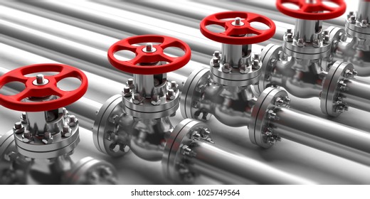 Industrial pipelines and valves with red wheels on white background. Closeup view with details. 3d illustration